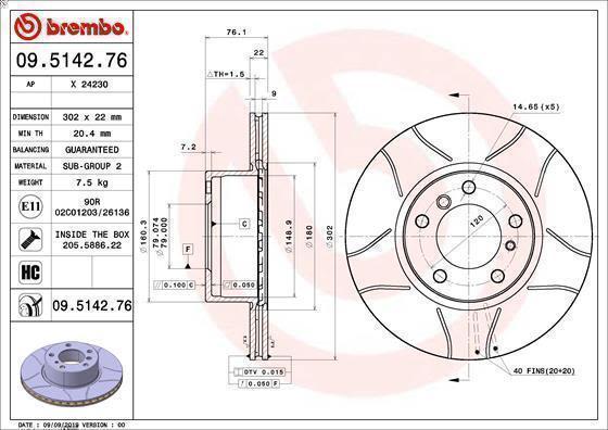 1X Brake Disc Brembo 9.5142.76 for BMW 5 (E34) 2 1987-1990