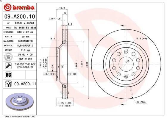 1X Brake Disc Brembo 9.A200.11 for Audi A3 (8P1) 2 2004-2012